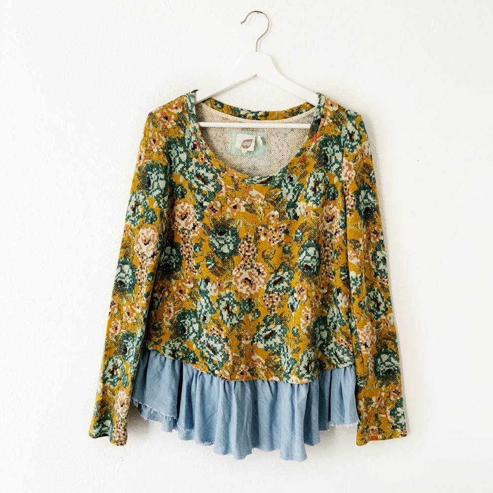 Anthro Lilka Goldenrod Floral Pullover Ruffle Hem Top Medium